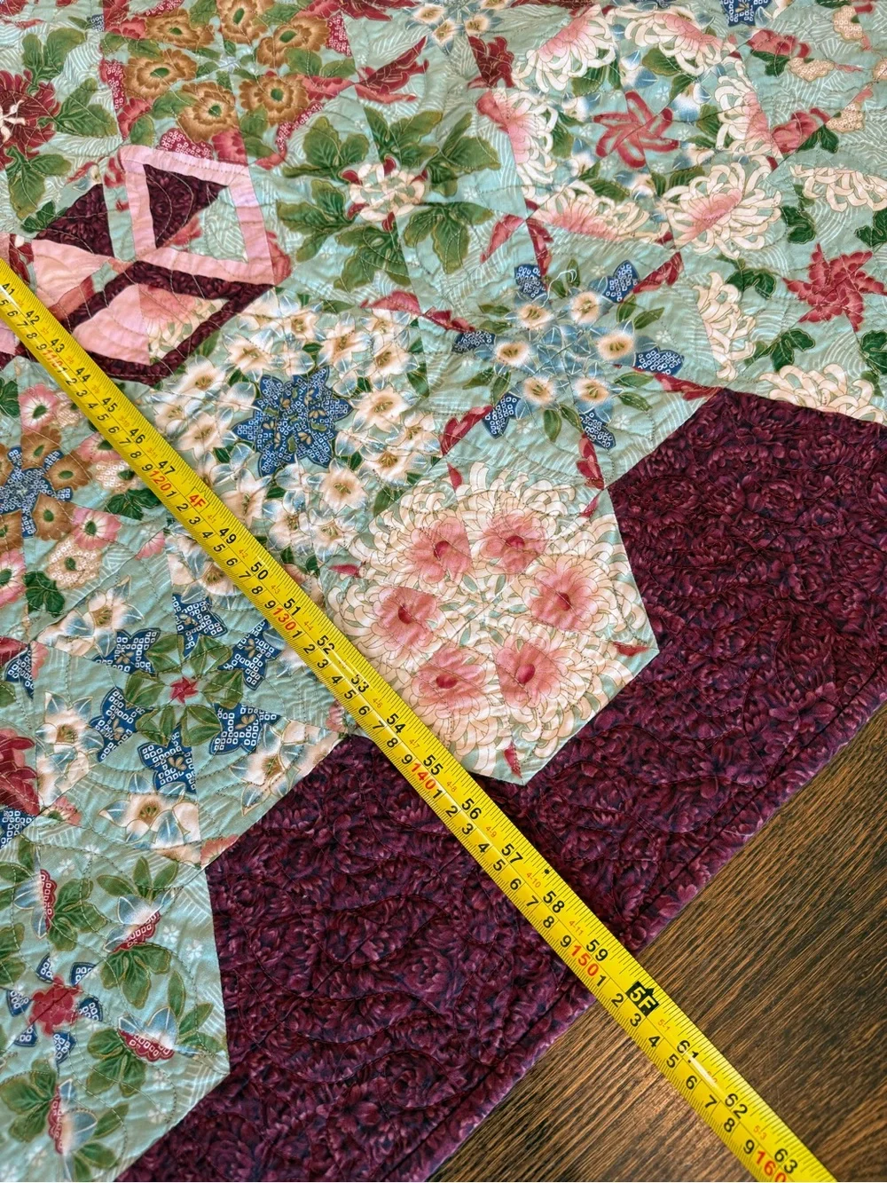 Handmade Floral Hexagon Quilt - Burgundy Border, Multicolor Center